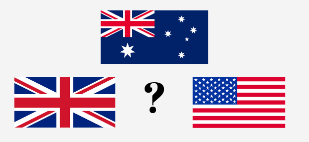 An international student is comparing Australia as a study destination to the UK and USA while looking at the country flags.